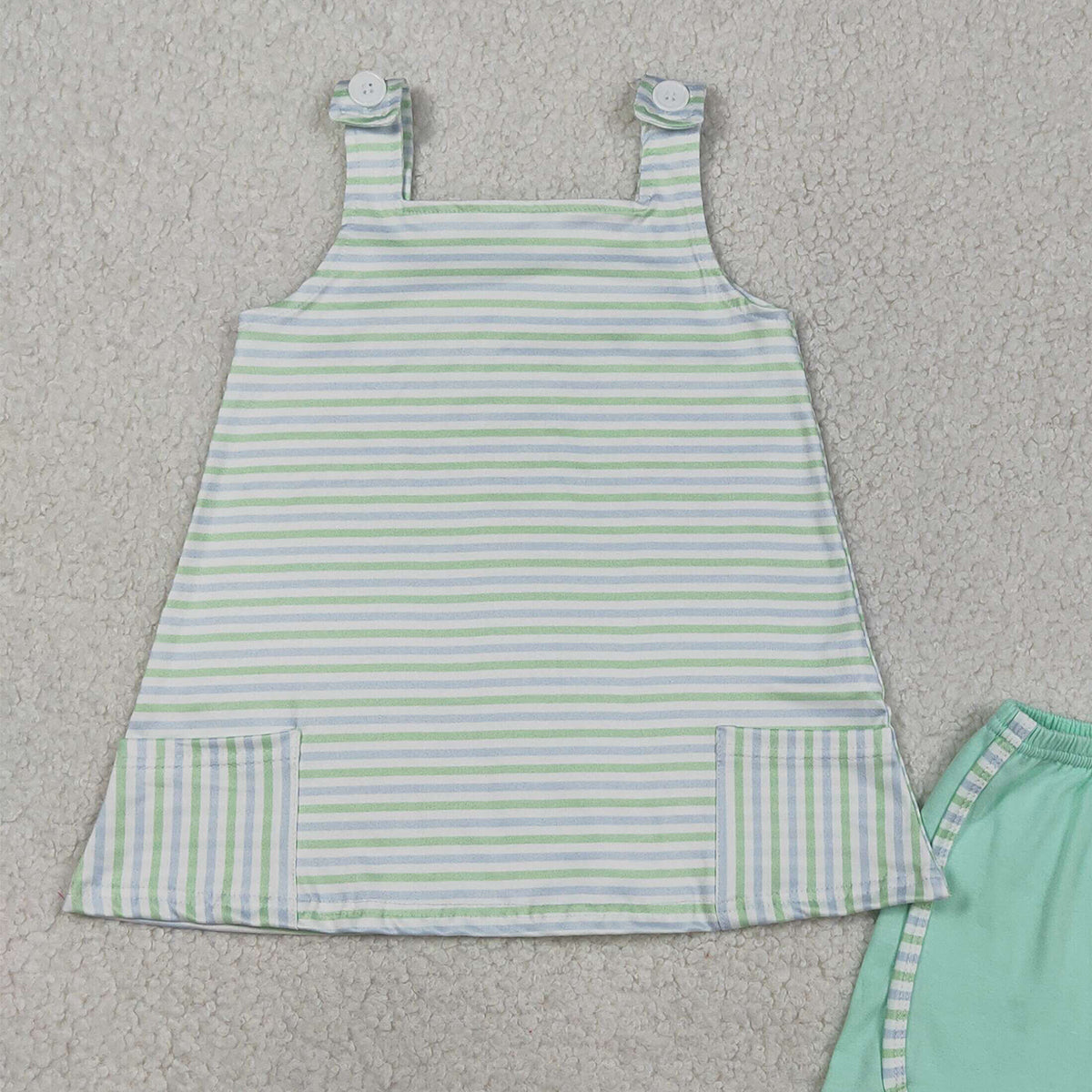 RTS NO MOQ GSSO3110 Baby Girls Green Stripe Tunic Shorts Set with Pockets Strap Clothes Outfit for Little Girls