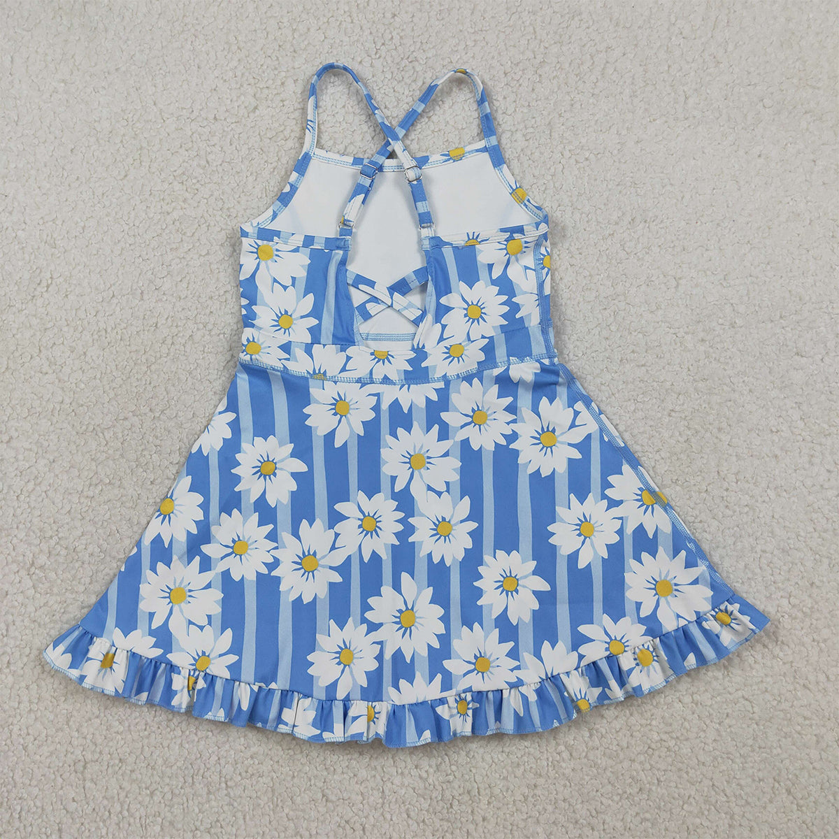 RTS NO MOQ GSD2283 Baby Girls Blue Strap Floral Print Yoga Dress with Ruffle Knee-Length Casual Outfit for Toddlers