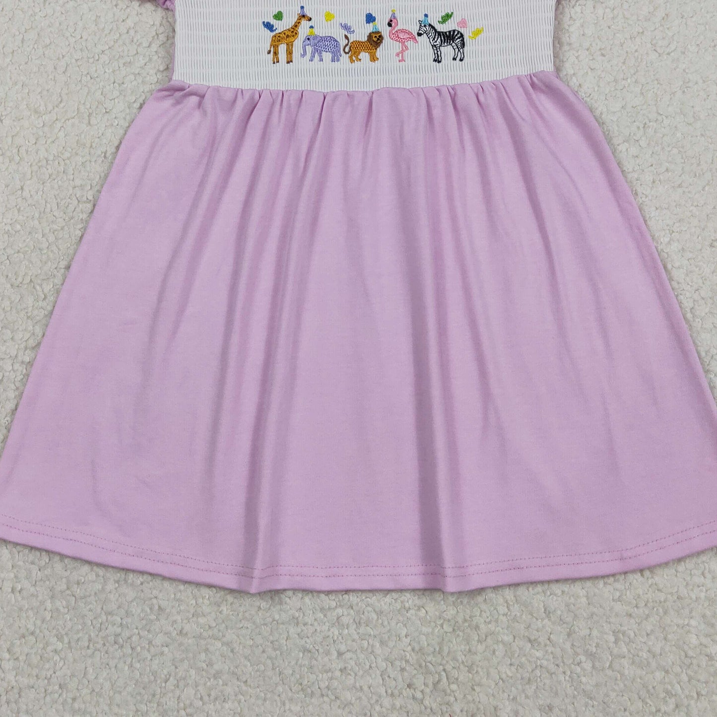 RTS NO MOQ milk silk GSD3578 Baby Girls Smocked Animals Pink Ruffle Sleeve Knee Length Dresses （12-18M-14-16T）