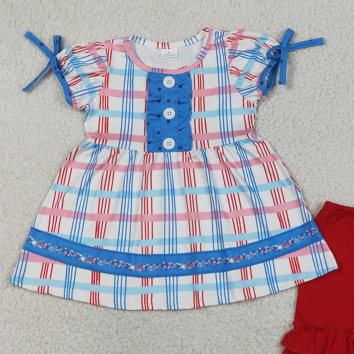 RTS NO MOQ milk silk GSSO2815 Baby Girls July 4th Holiday Red Blue Checked Tunic Ruffle Shorts Set