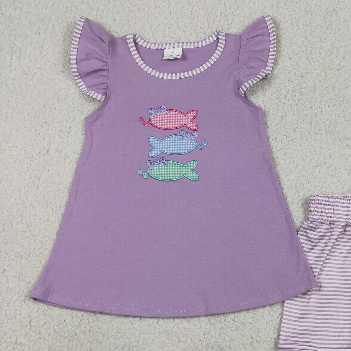 RTS NO MOQ milk silk GSSO3242 Baby Girls Embroidery Fish Scallop Stripe Tunic Shorts Hunting Set