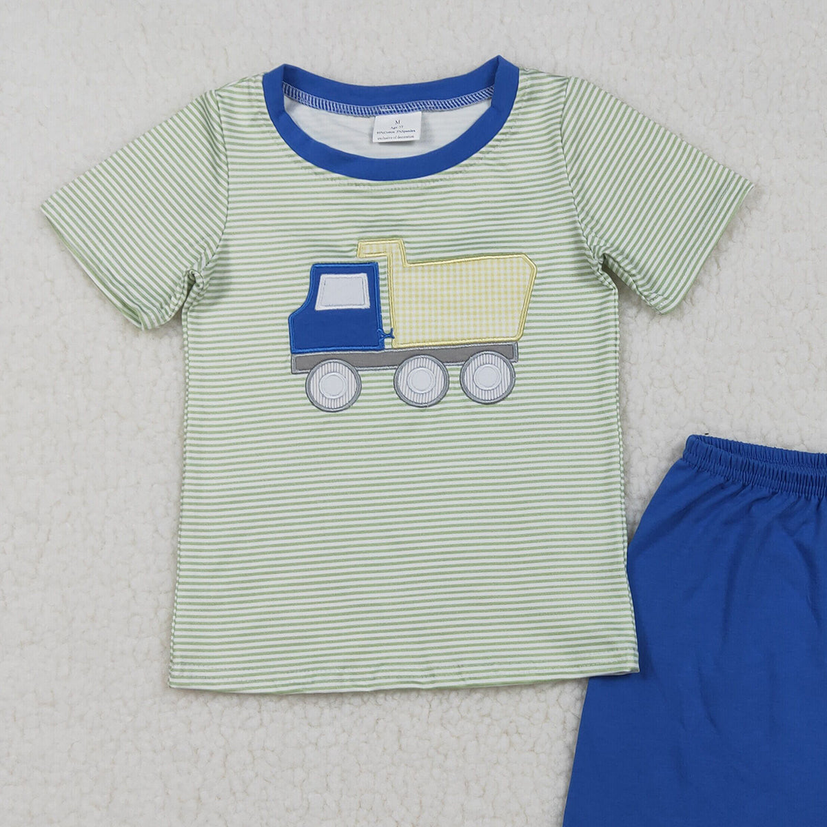 RTS NO MOQ BSSO1833 Baby Boys Embroidery Tractors Short Sleeve Stripe Top with Shorts Cute Clothes Set