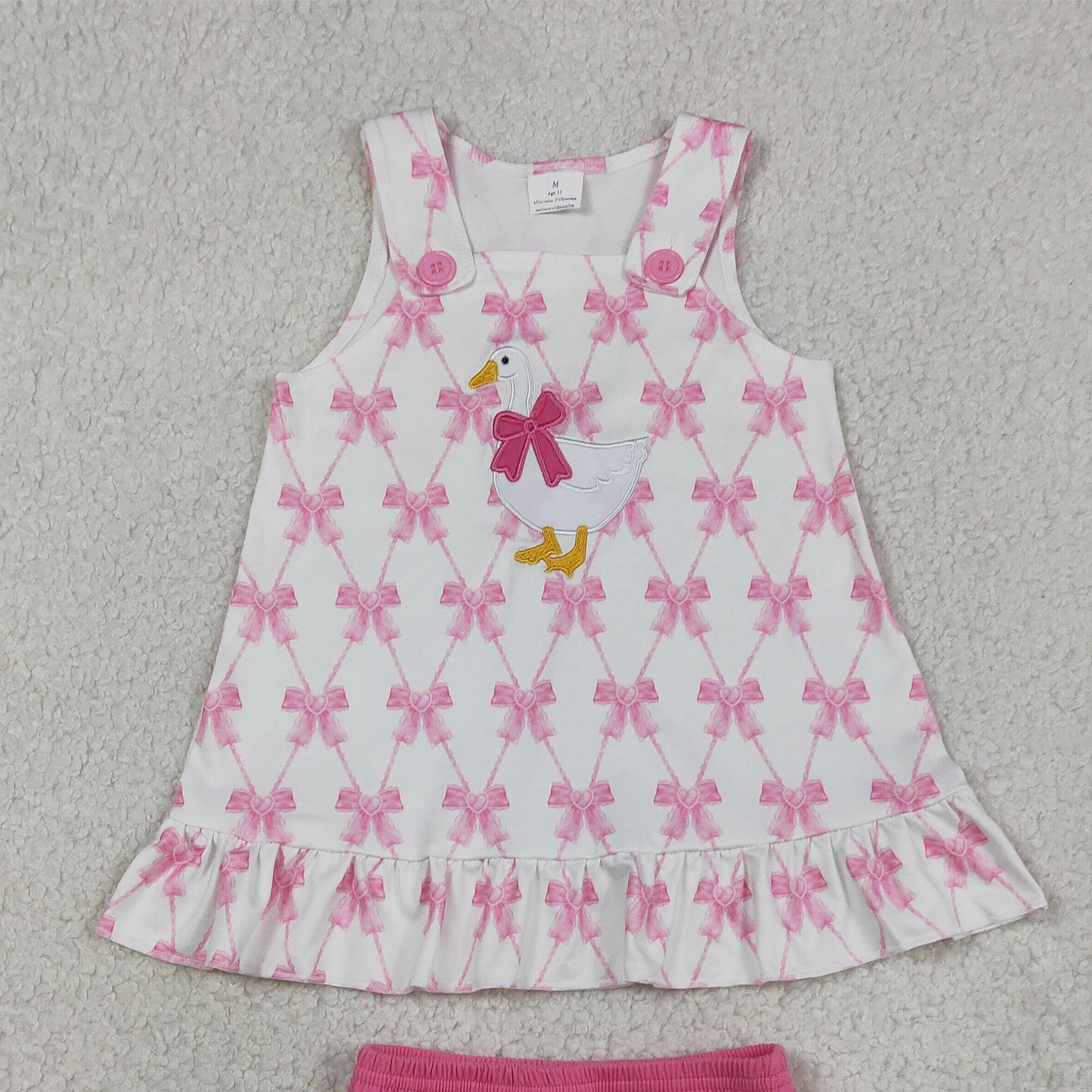RTS NO MOQ GBO0505 Baby Girls Summer Embroidery Goose Pink Bow Plaid Tunic Bummies Clothes Set