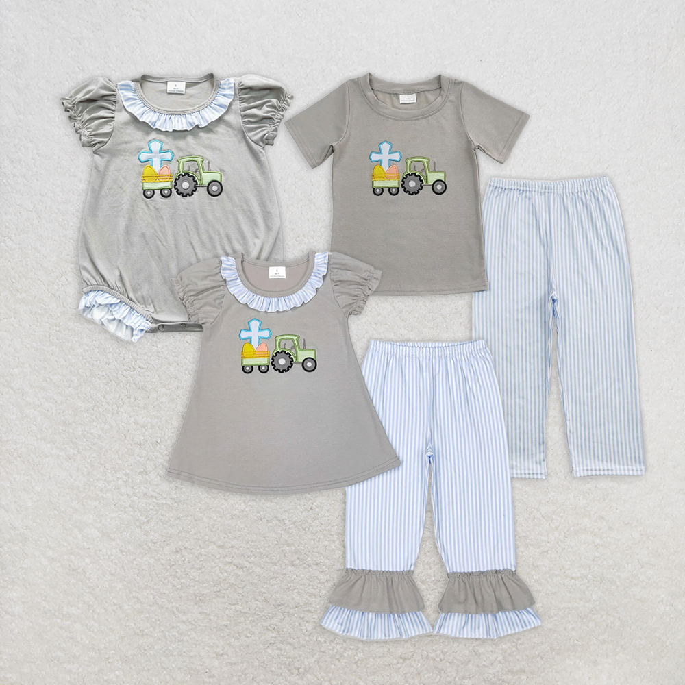 RTS NO MOQ Boys girl embroidery easter short-sleeved shirt pants clothing set romper