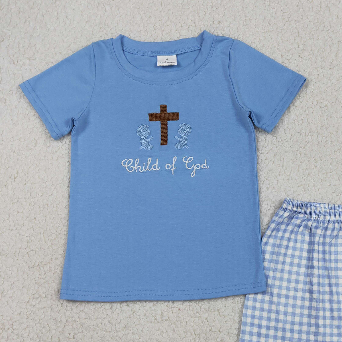 RTS NO MOQ BSSO1714 Embroidery Cross Child of God Baby Boys Outfit Set with Checked Shorts Top And Bottoms for Infants Boy's Clothing