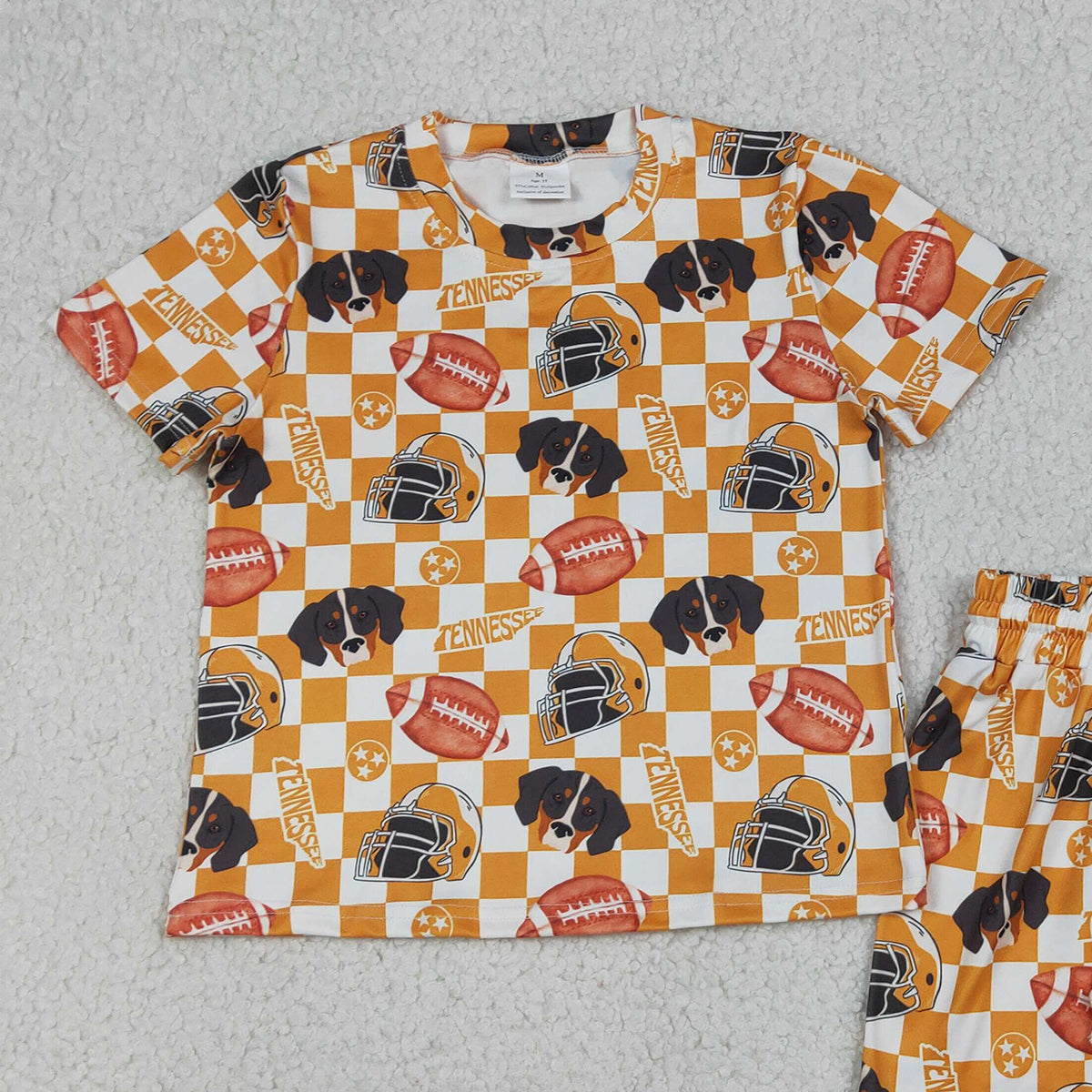 RTS NO MOQ GSSO3161 Baby Girls Orange Checked Football Top And Shorts Set Team Outfit
