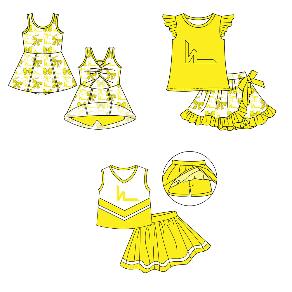 Custom moq 5 mix size milk silk baby girls clothes team bow yellow sleeveless skirts sets 1 and set 2 and dress-25.7.18