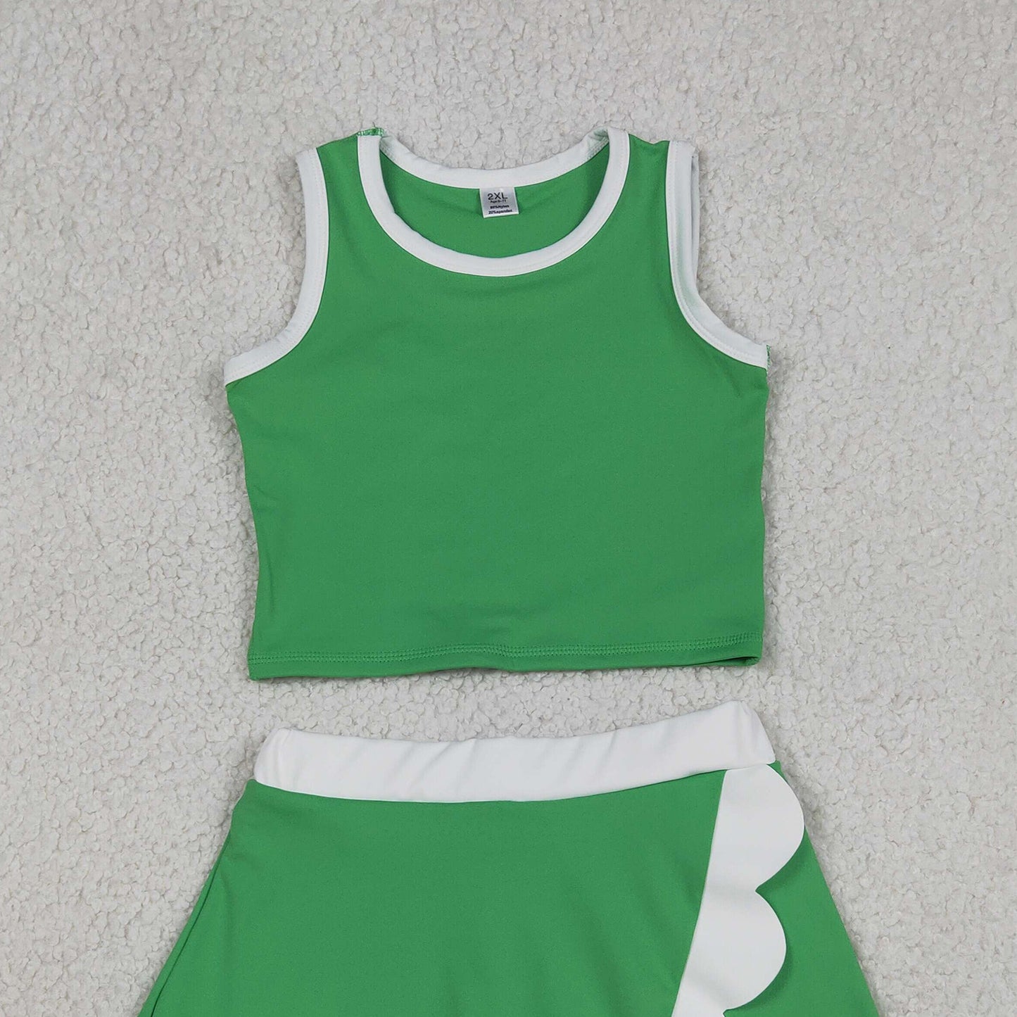 RTS NO MOQ yoga fabric cotton GSD4025 Girls Green Scallop Edge Sleeveless Vest Yoga Casual Outfit Set