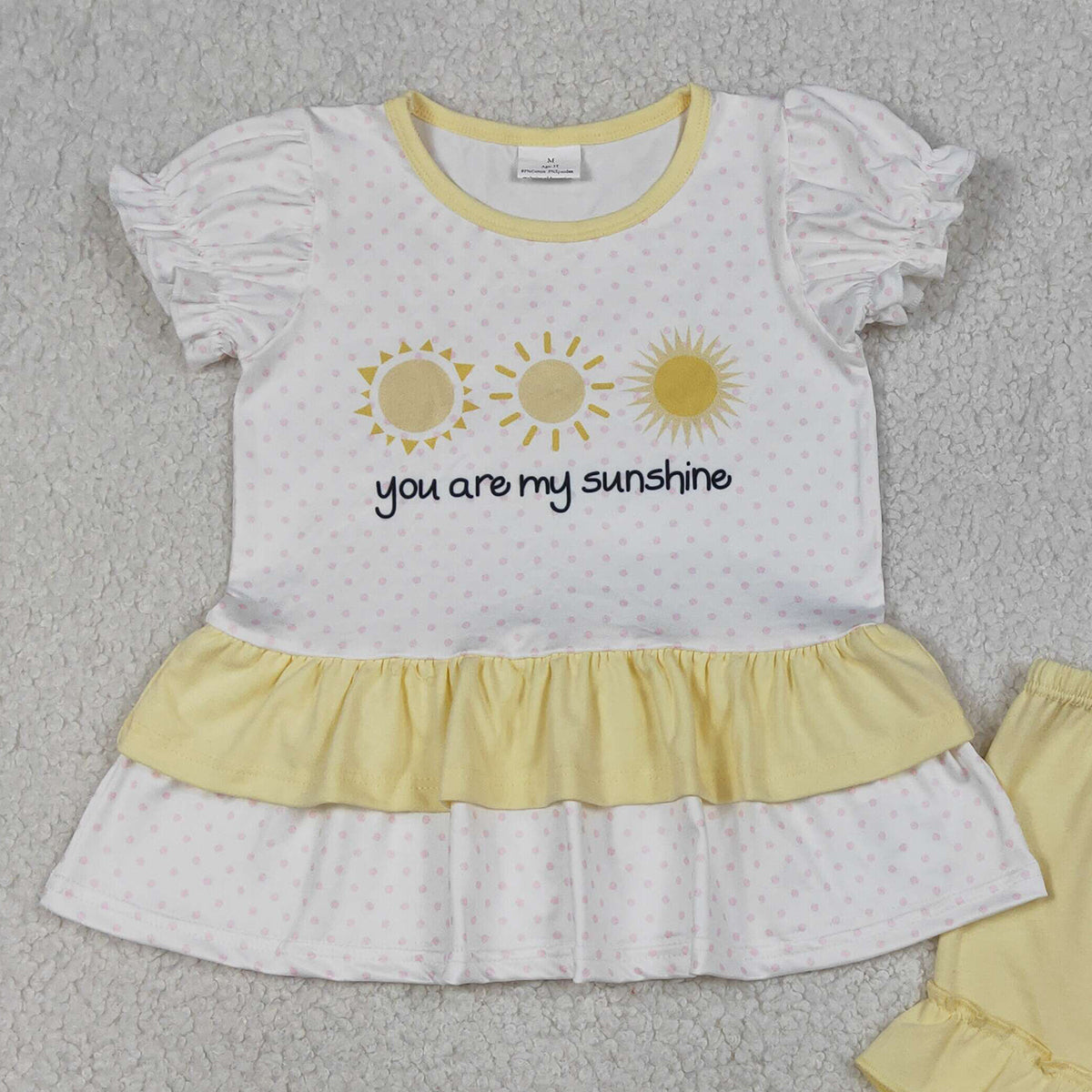 RTS NO MOQ GSSO2947 Baby Girls Polka Dots 'You Are My Sunshine' Tunic Ruffle Shorts Outfit Set Cute Baby Girl Clothing Set