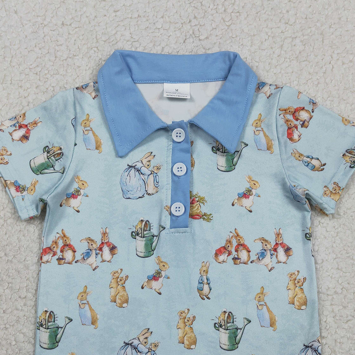 RTS NO MOQ BT1665 Baby Boys Easter Themed Short Sleeve Polo Shirts Top with Button Detailing Rabbit Print Casual Outfit for Kids