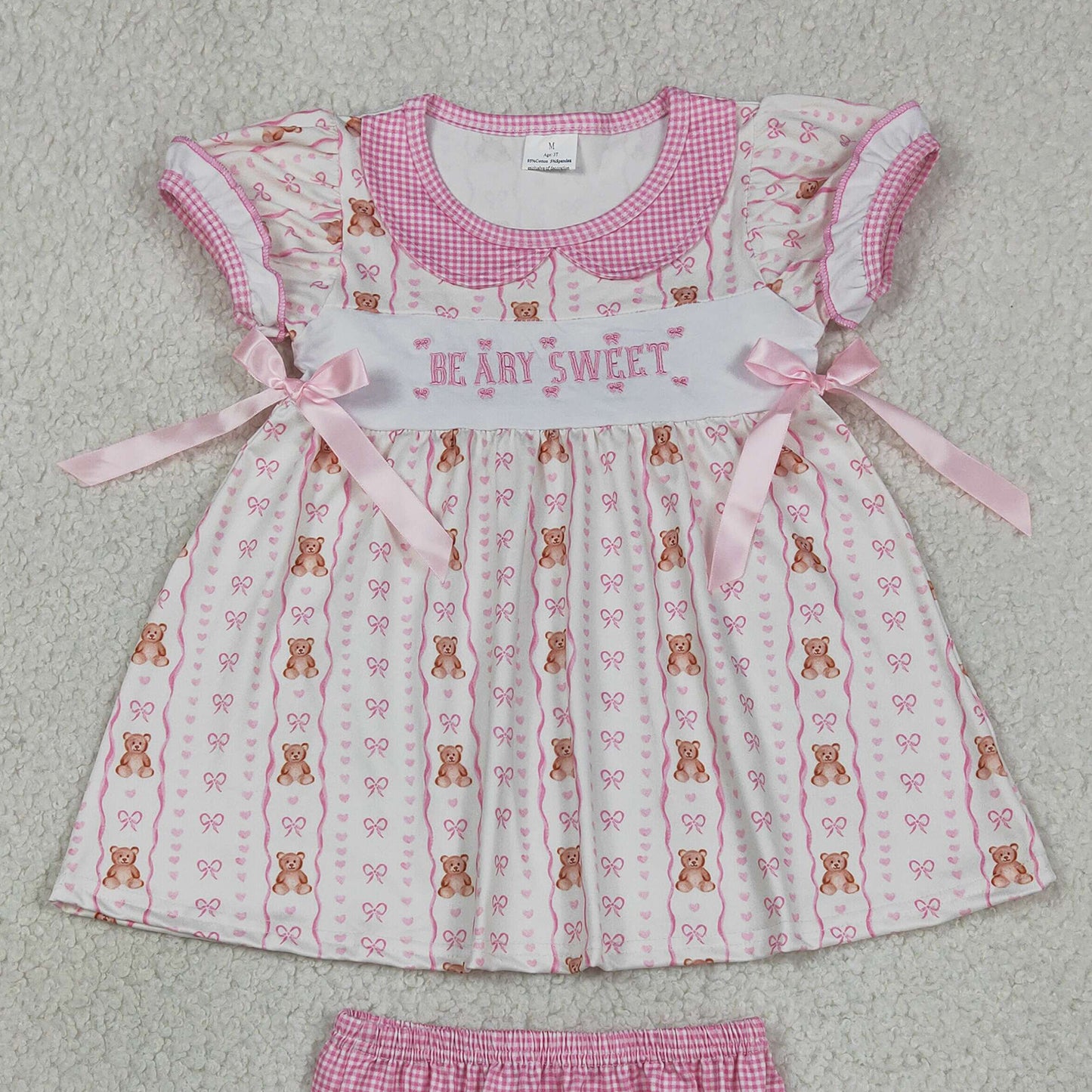 RTS NO MOQ milk silk GBO0520 Baby Girls Cute Embroidery Heart Bear Stripe Tunic Bummies Sets