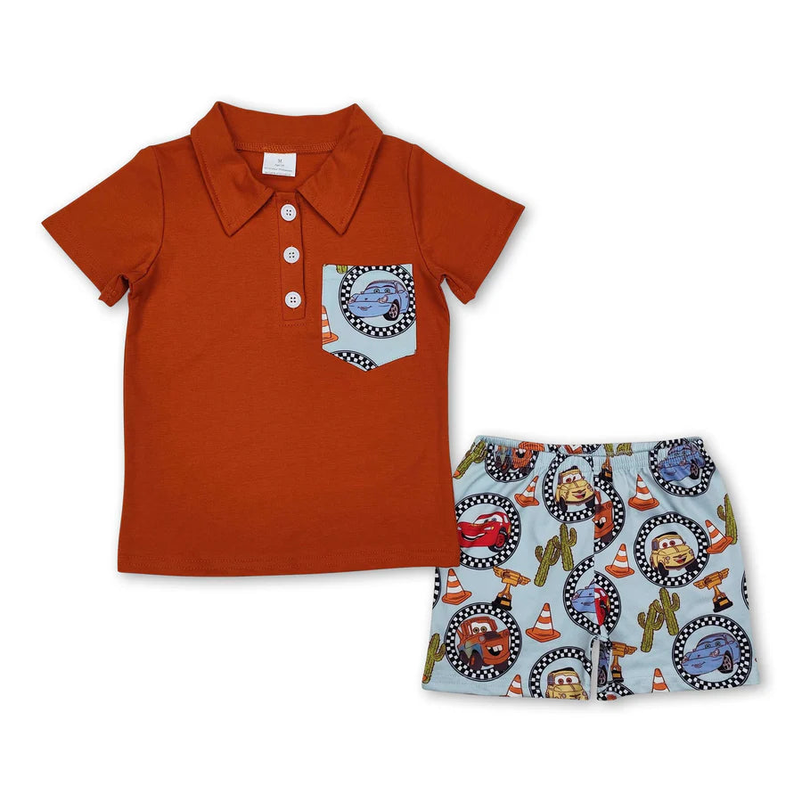 RTS NO MOQ Sibling Baby Boys Pocket Shirts Western Racing Car Cactus Shorts Clothes Sets