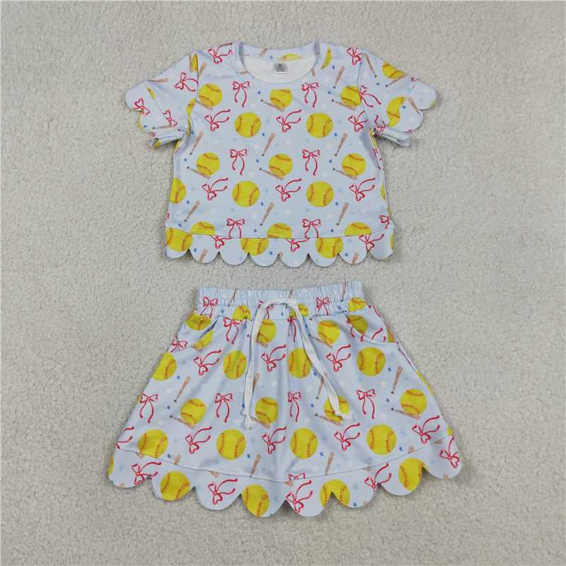 Baby Girls Baseball Bows Set - Light Blue Scallop Top & Skirt