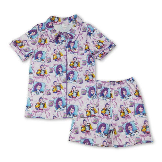 RTS NO MOQ Sibling Adult Women Demon Hunter Button Pocket Top Shorts Pajamas Set