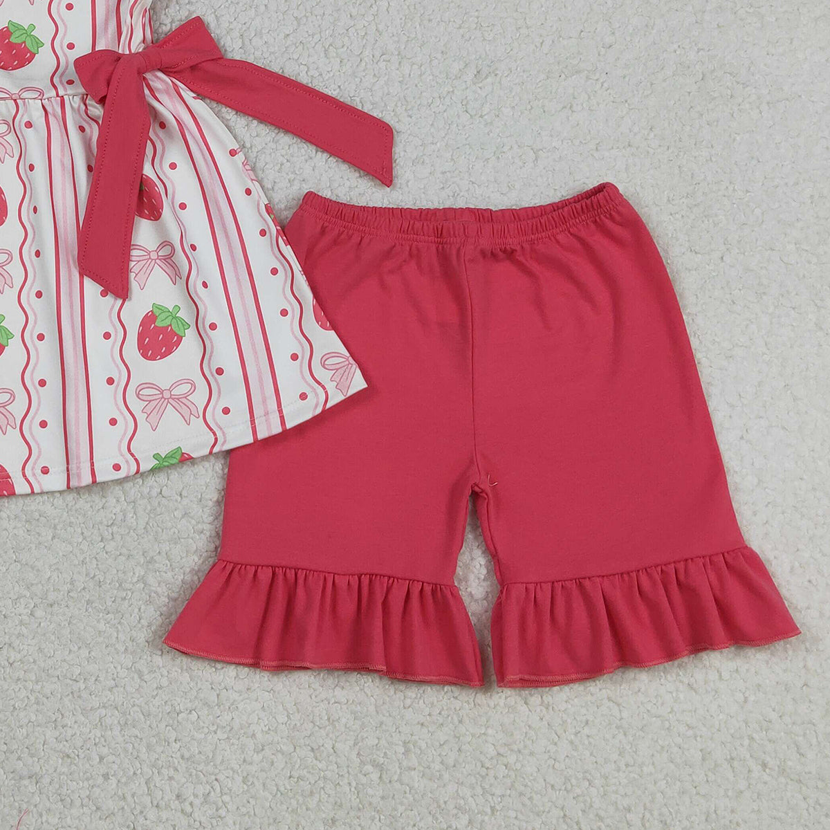 RTS NO MOQ GSSO3276 Baby Girls Strawberry Bows Tunic Ruffle Shorts Outfit Set Striped Print