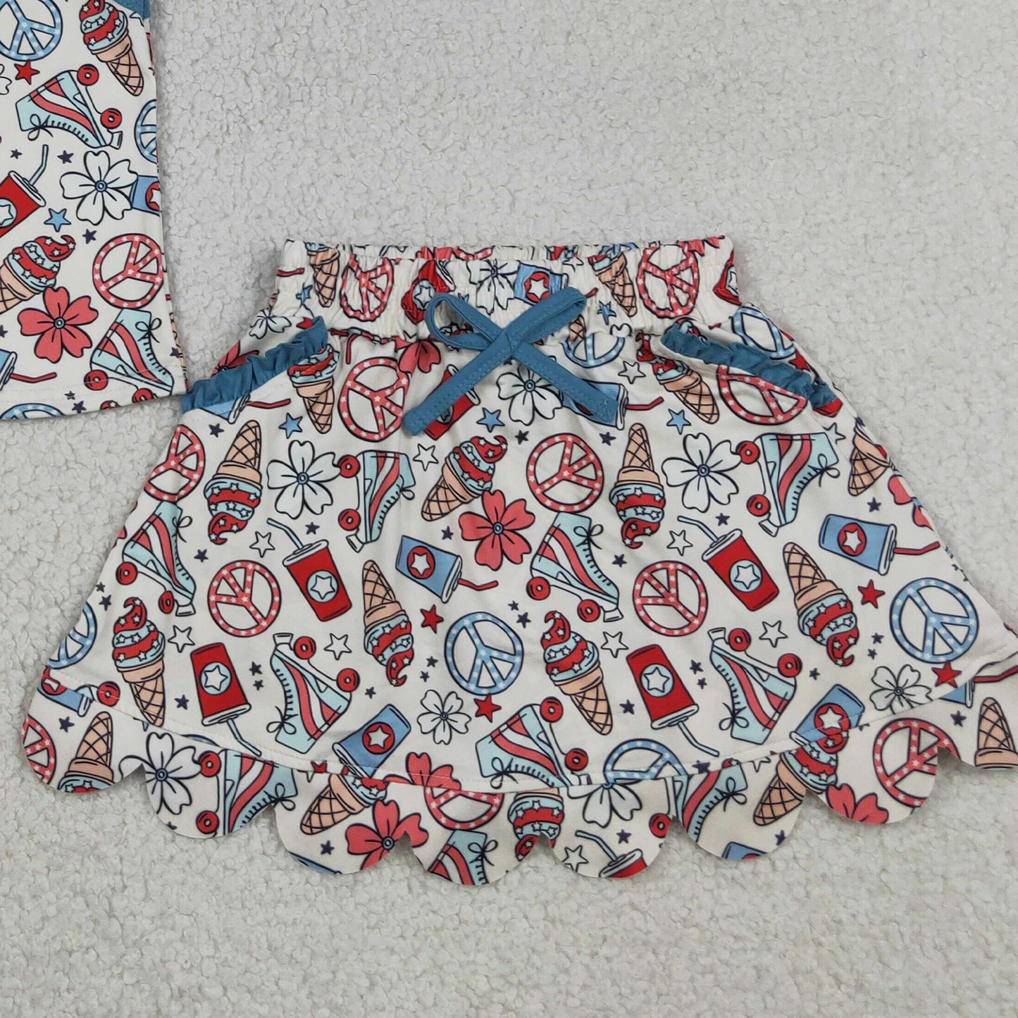 RTS NO MOQ milk silk GSD3827 Baby Girls Ice Cream Strap Top Scallop Pocket Skirt Shorts 4th of July Set