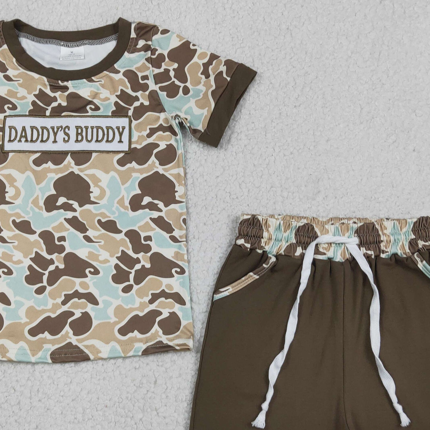 RTS NO MOQ milk silk BSSO1839 Baby Boys Embroidery Daddys Buddy Southern Camo Top Pocket Shorts Clothes Sets