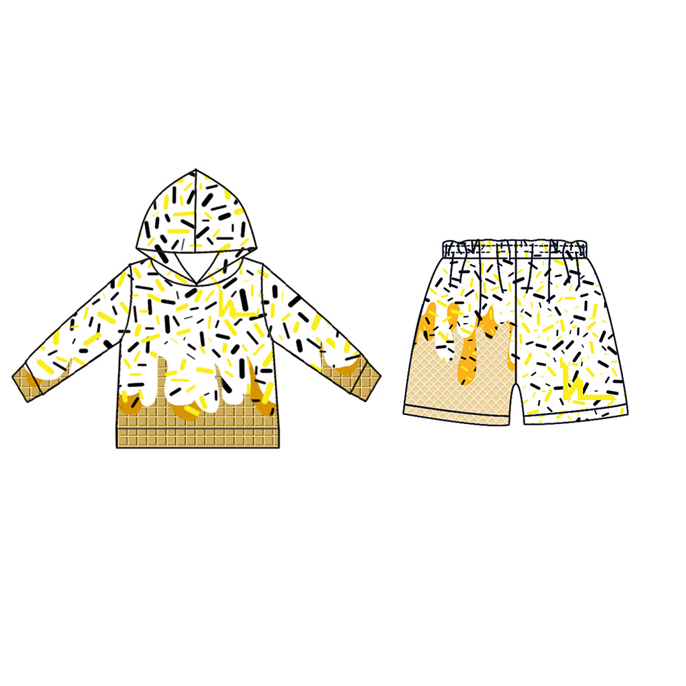 Custom moq 5 mix size milk silk baby girls clothes team bow yellow hooded long sleeve tops and shorts-25.7.18