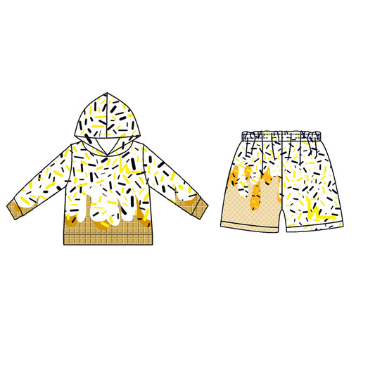 Custom moq 5 mix size milk silk baby girls clothes team bow yellow hooded long sleeve tops and shorts-25.7.18