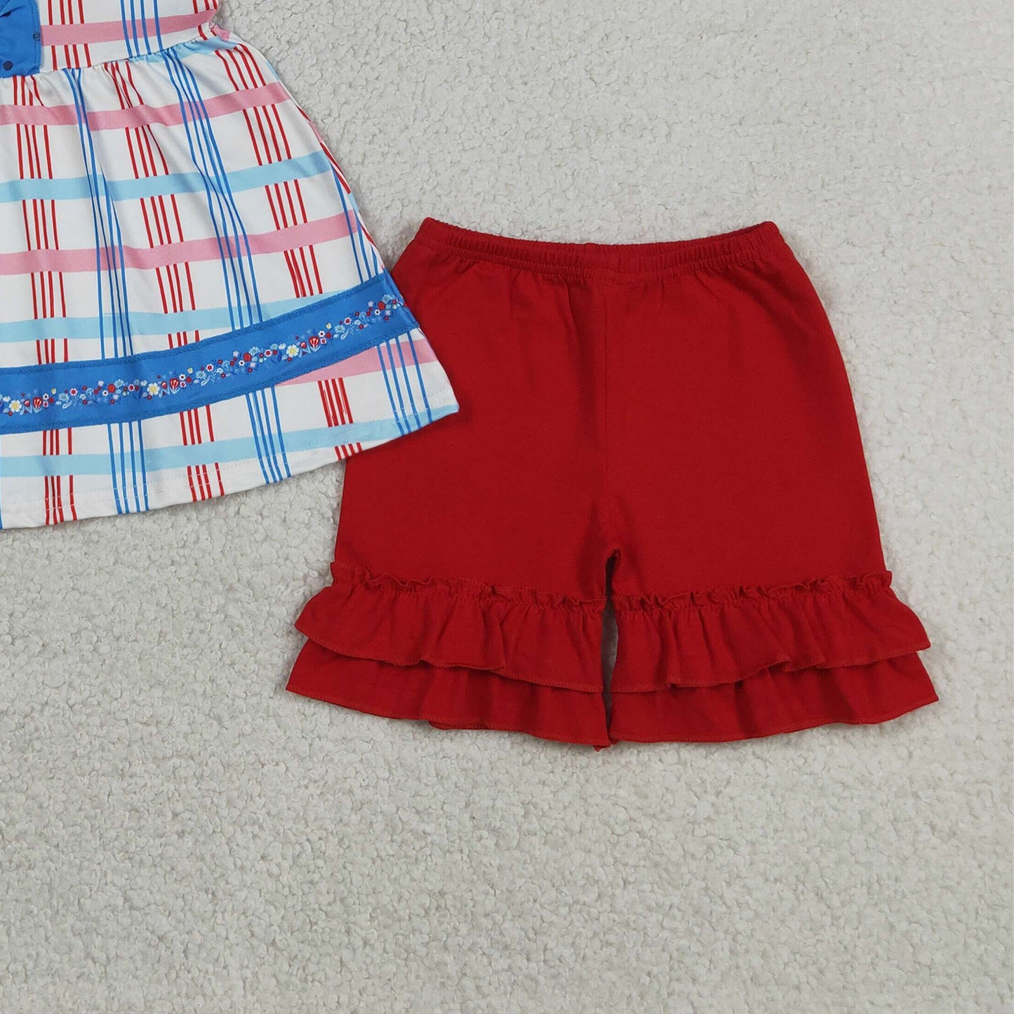 RTS NO MOQ milk silk GSSO2815 Baby Girls July 4th Holiday Red Blue Checked Tunic Ruffle Shorts Set