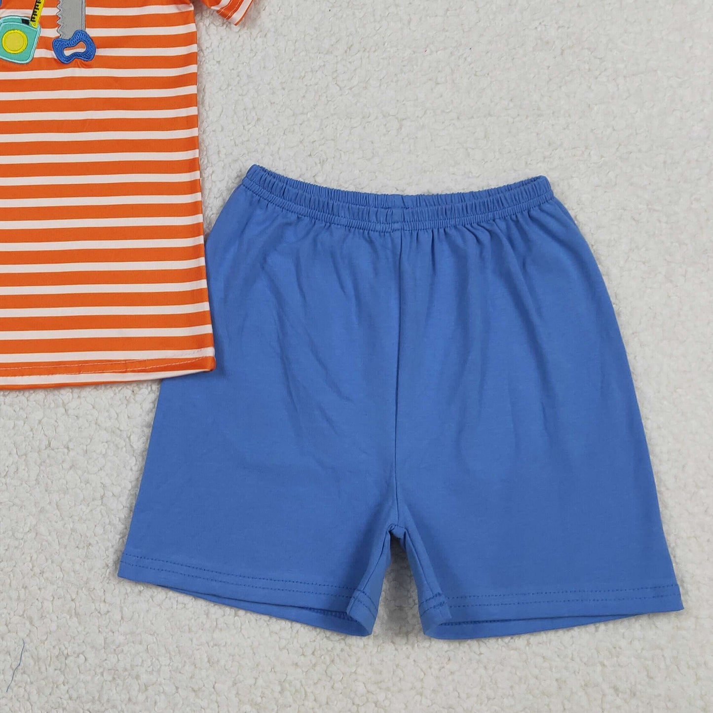 RTS NO MOQ BSSO1851  Kids Boys Tools Embroidery Orange Stripe Top Daily Shorts Sets