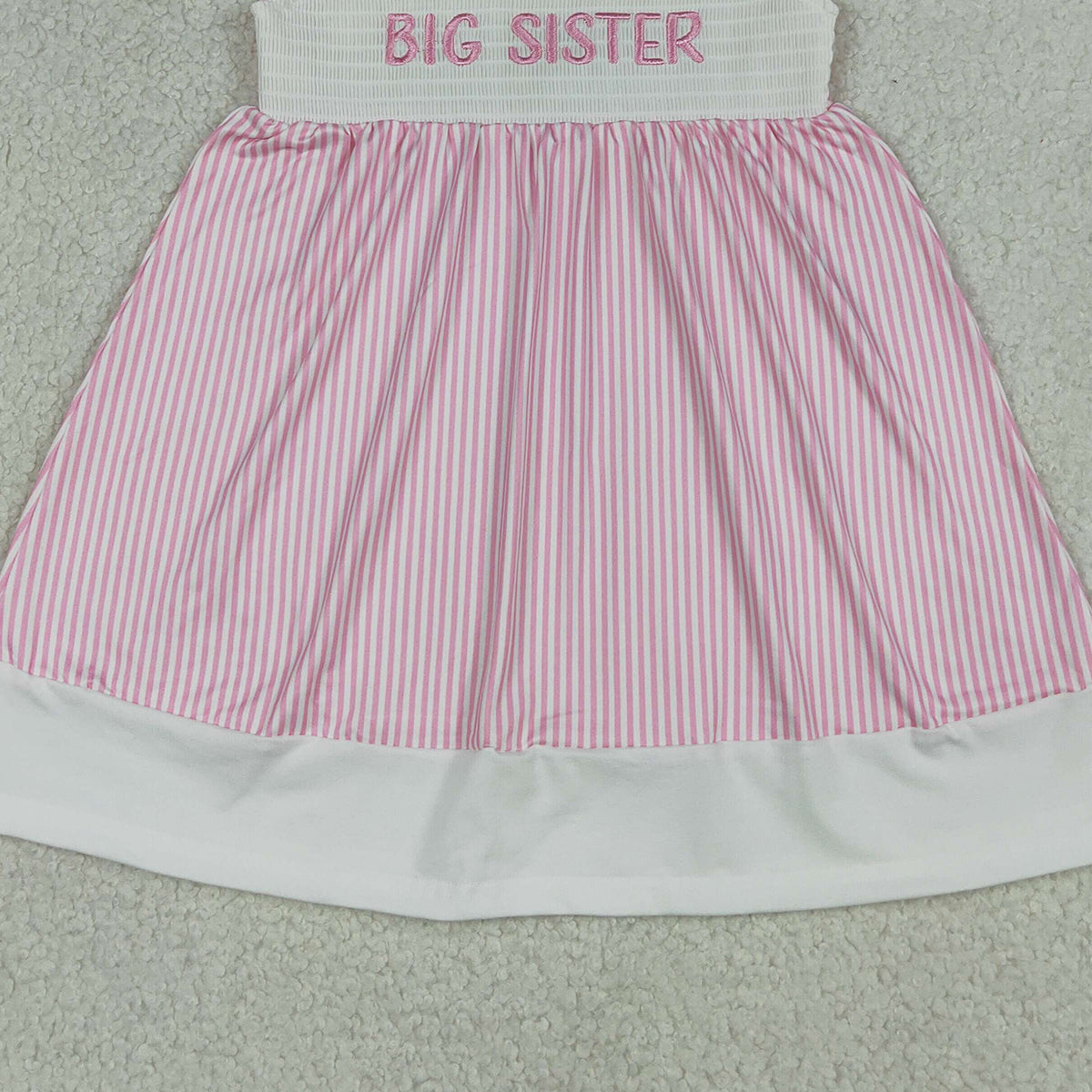 RTS NO MOQ GSD3153 Baby Girls Smocked Big Sister Flutter Sleeves Pink Stripe Knee-Length Dress Casual Wear for Girls（3-6M-7-8T）