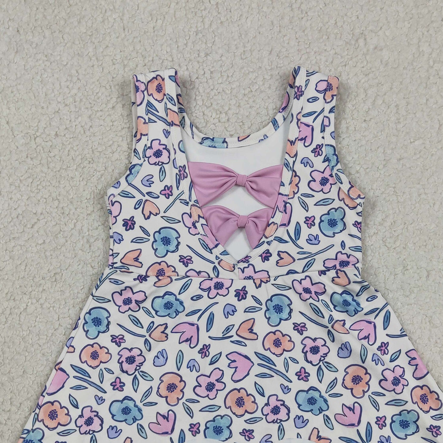 RTS NO MOQ yoga fabric GSD3808 Baby Girls Colorful Flowers Back Bows Active Short Scallop Knee Length Dress