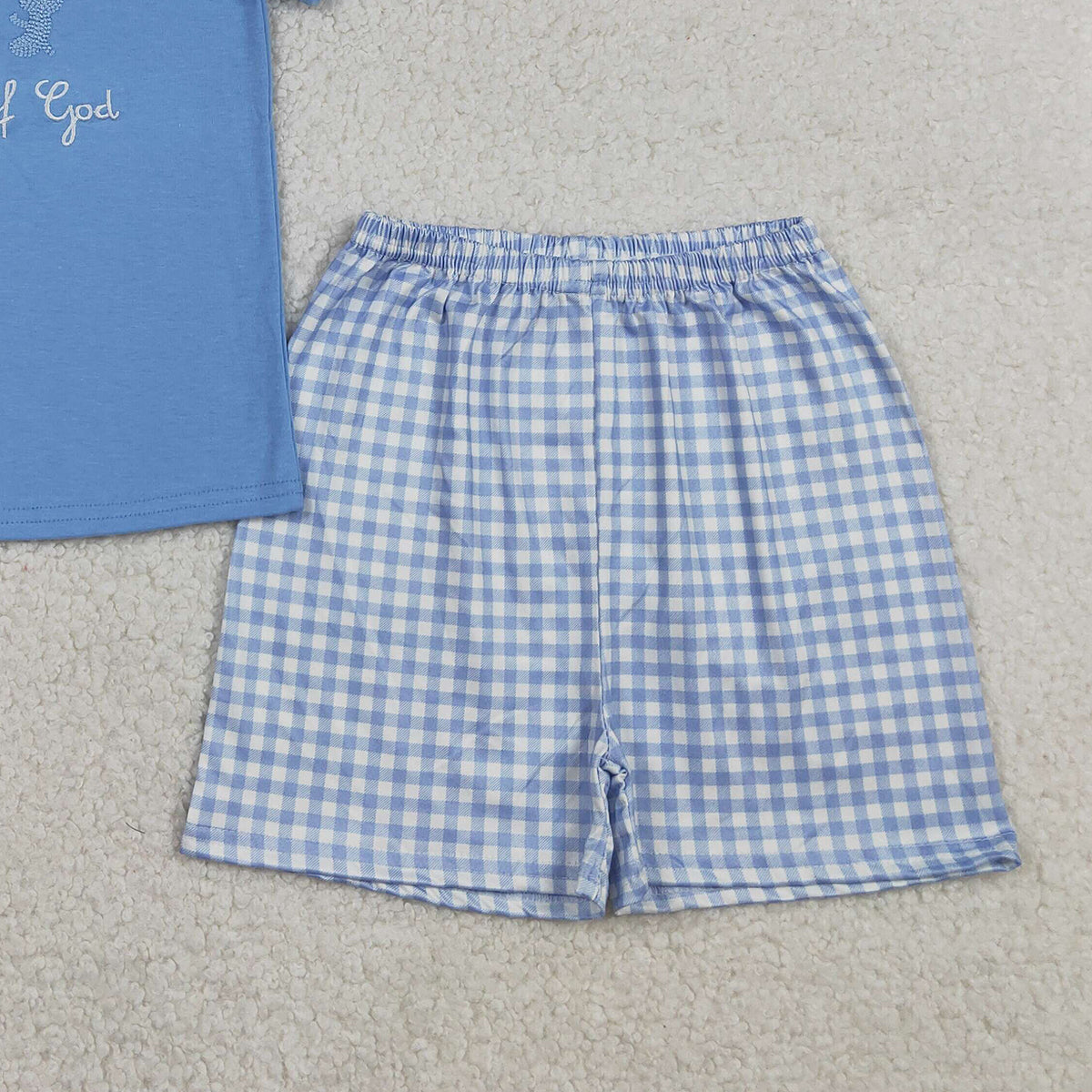 RTS NO MOQ BSSO1714 Embroidery Cross Child of God Baby Boys Outfit Set with Checked Shorts Top And Bottoms for Infants Boy's Clothing