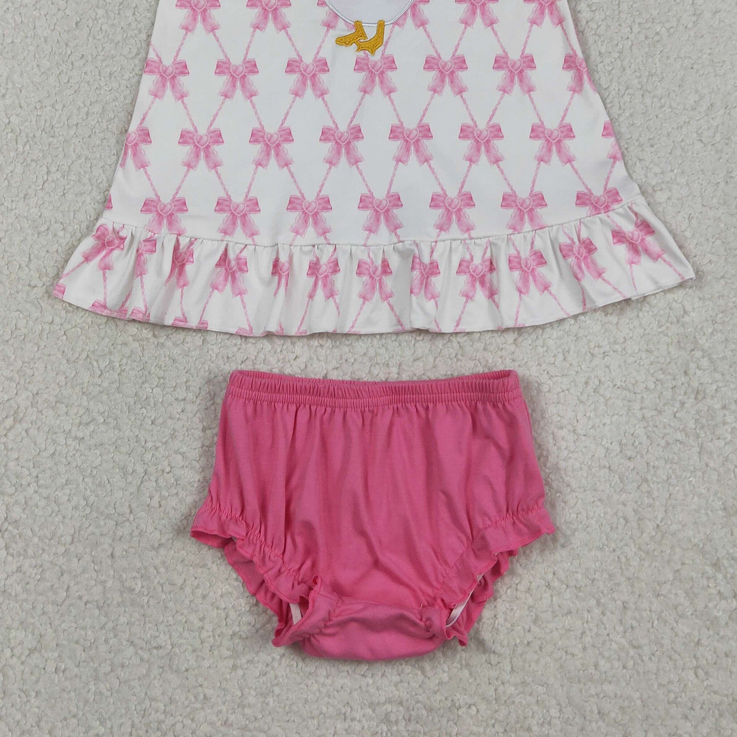 RTS NO MOQ GBO0505 Baby Girls Summer Embroidery Goose Pink Bow Plaid Tunic Bummies Clothes Set