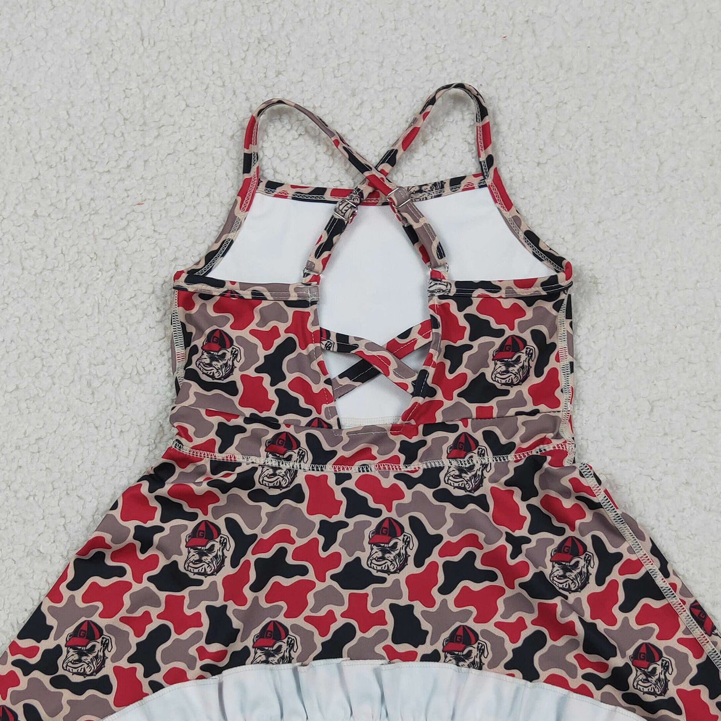 RTS NO MOQ yoga fabric GSD3593 Baby Girls Strap Camo Team Print Ruffle Knee Length Dress