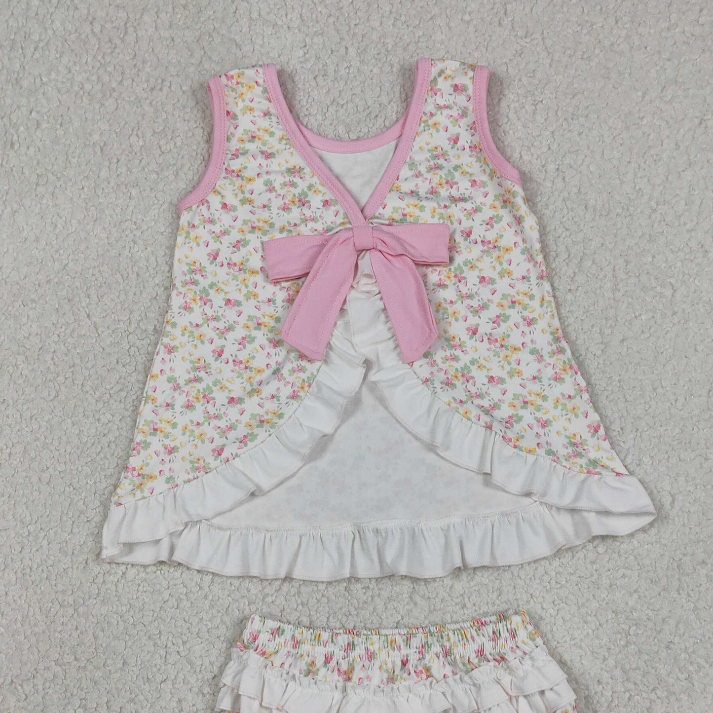 RTS NO MOQ milk silk GBO0518 Baby Girls Summer  Sleeveless Floral Print Back Bow Tunic Bummies Sets