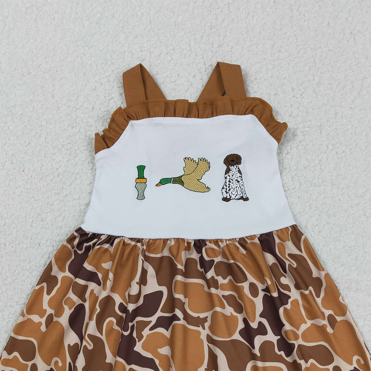 RTS NO MOQ GSD1518 Baby Girls Camo Knee-Length Dress with Strap Embroidery Duck Dogs