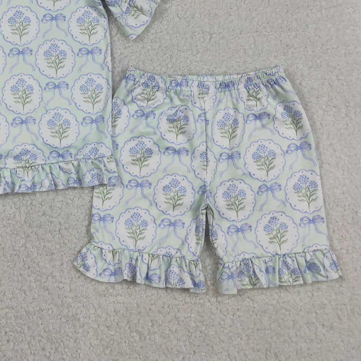 RTS NO MOQ GSSO3323 Baby Girls Cute Blue Bows Floral Top Ruffle Shorts Sleepwear Set