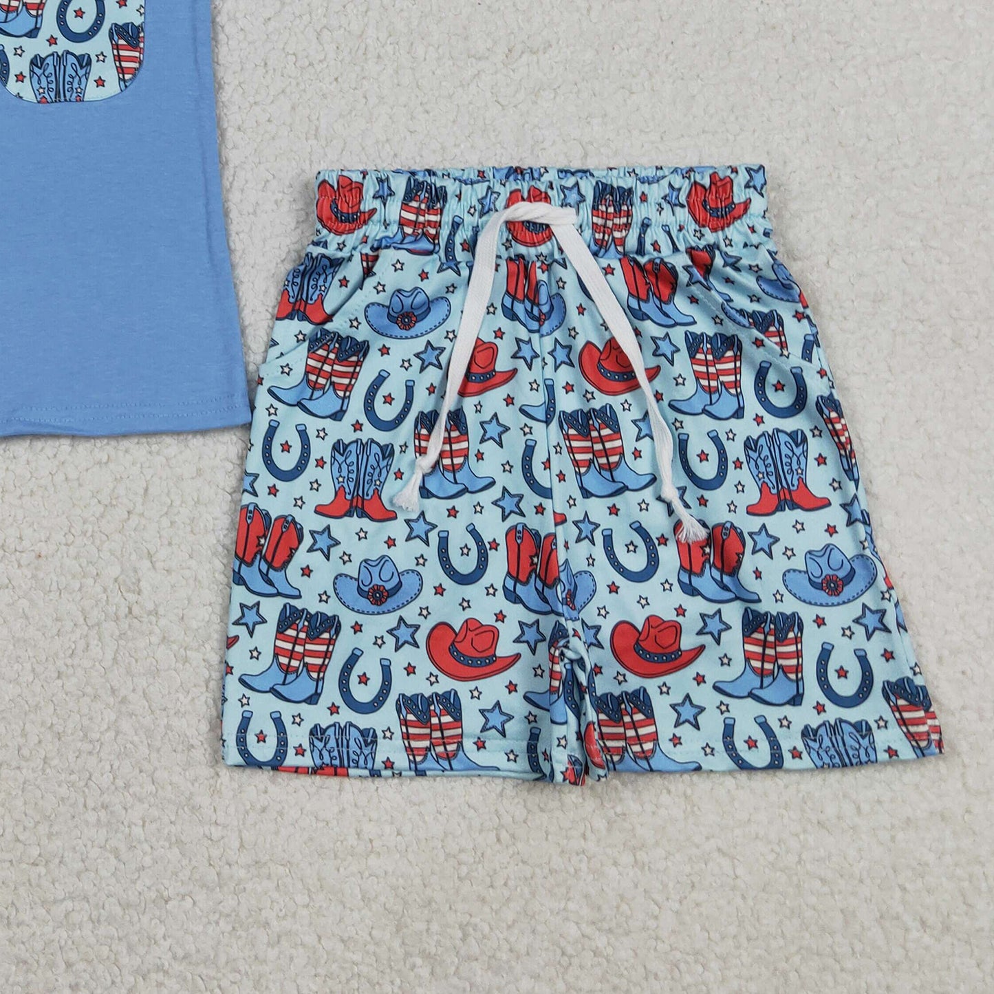 RTS NO MOQ BSSO1829 milk silk Baby Boys Pocket Shirts Stars Hats Boots Short Western Sets