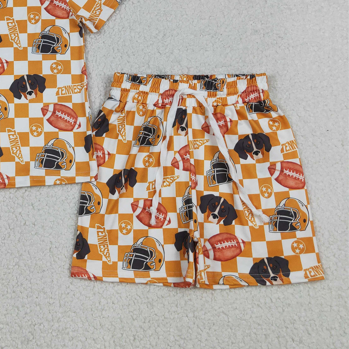 RTS NO MOQ GSSO3161 Baby Girls Orange Checked Football Top And Shorts Set Team Outfit