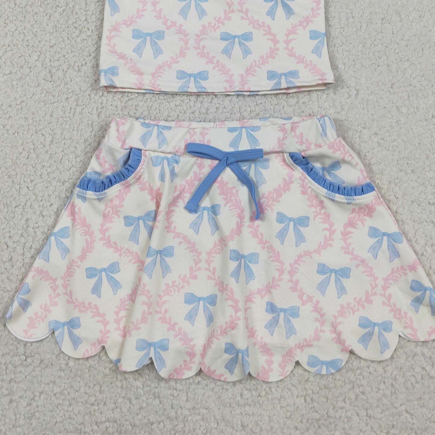 RTS NO MOQ yoga fabric GSD3727 Yoga Baby Girls Cute Summer Strap Bow Flower Top Pocket Scallop Skort Yoga Clothes Set