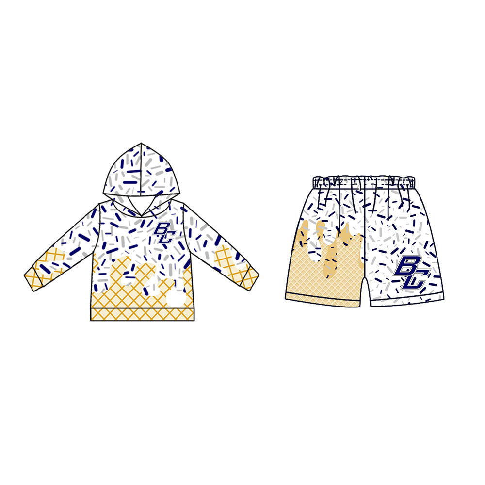 Custom moq 5 mix size milk silk baby girls clothes team bow blue hooded long sleeve tops and shorts-25.7.19
