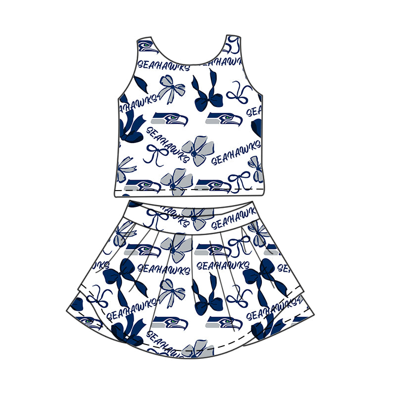 Custom moq 5 mix size milk silk summer teams Baby Girls Navy Blue Bow Vest Top Skirt Shorts Sets Sleeveless Knee Length Dresses Yoga Shorts Active Outfit
