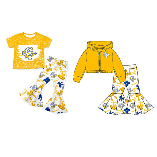 Custom moq 5 mix size milk silk summer teams baby girls clothes bow yellow short sleeve pants sets and hooded long sleeve pants sets-25.7.24