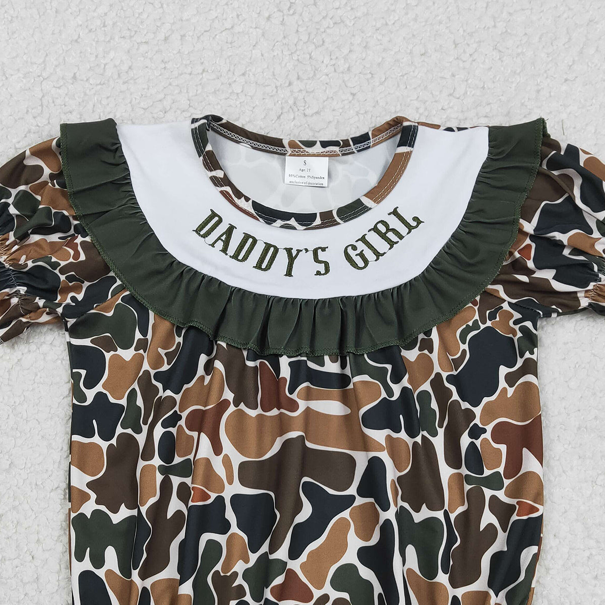 RTS NO MOQ SR3916 Daddy's Girls Dark Brown Camo Ruffle Rompers Embroidery for Girls
