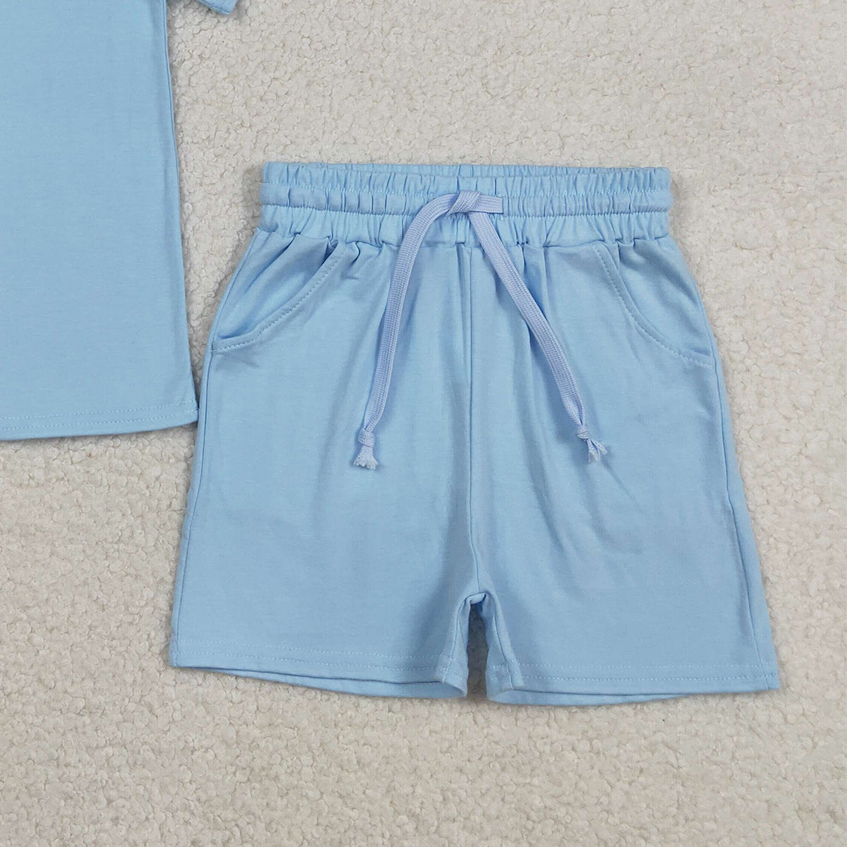 RTS NO MOQ BSSO1887 Baby Boys Blue Short Sleeve Shirt with Pockets Matching Shorts Outfit Set Clothes