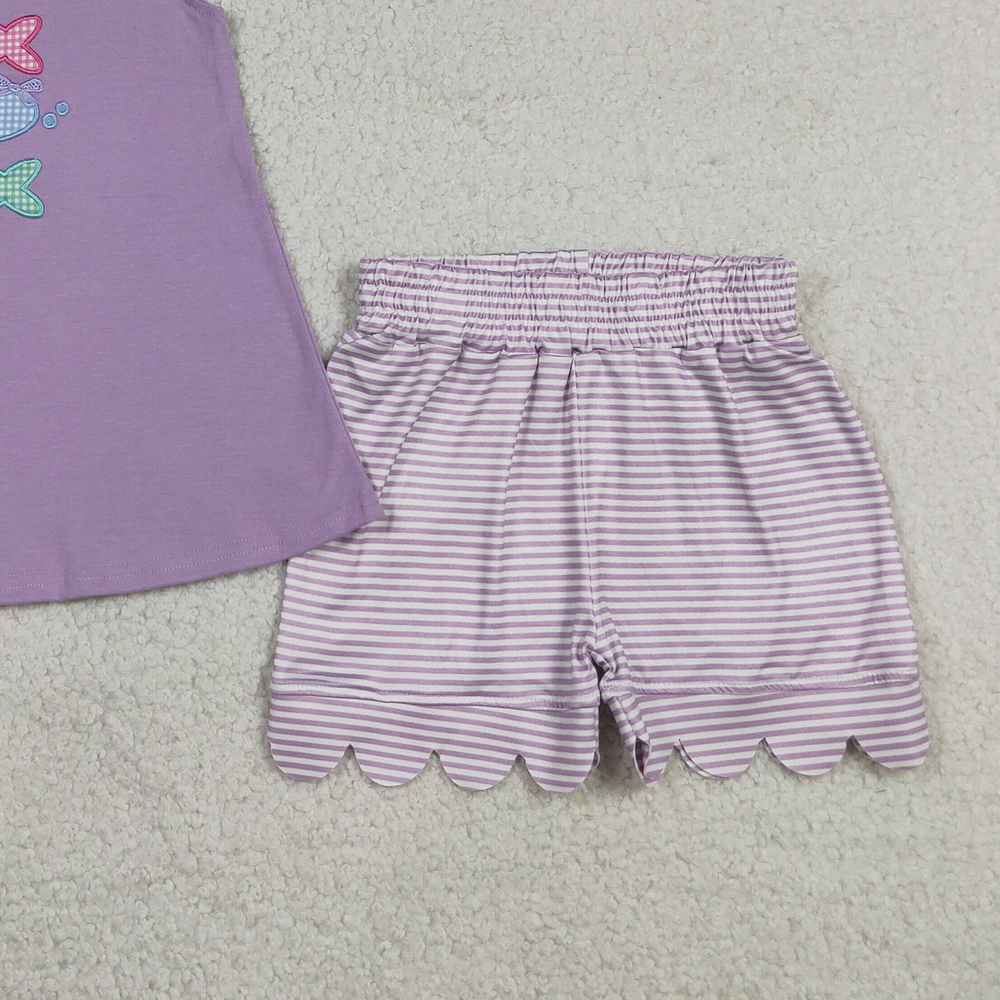 RTS NO MOQ milk silk GSSO3242 Baby Girls Embroidery Fish Scallop Stripe Tunic Shorts Hunting Set