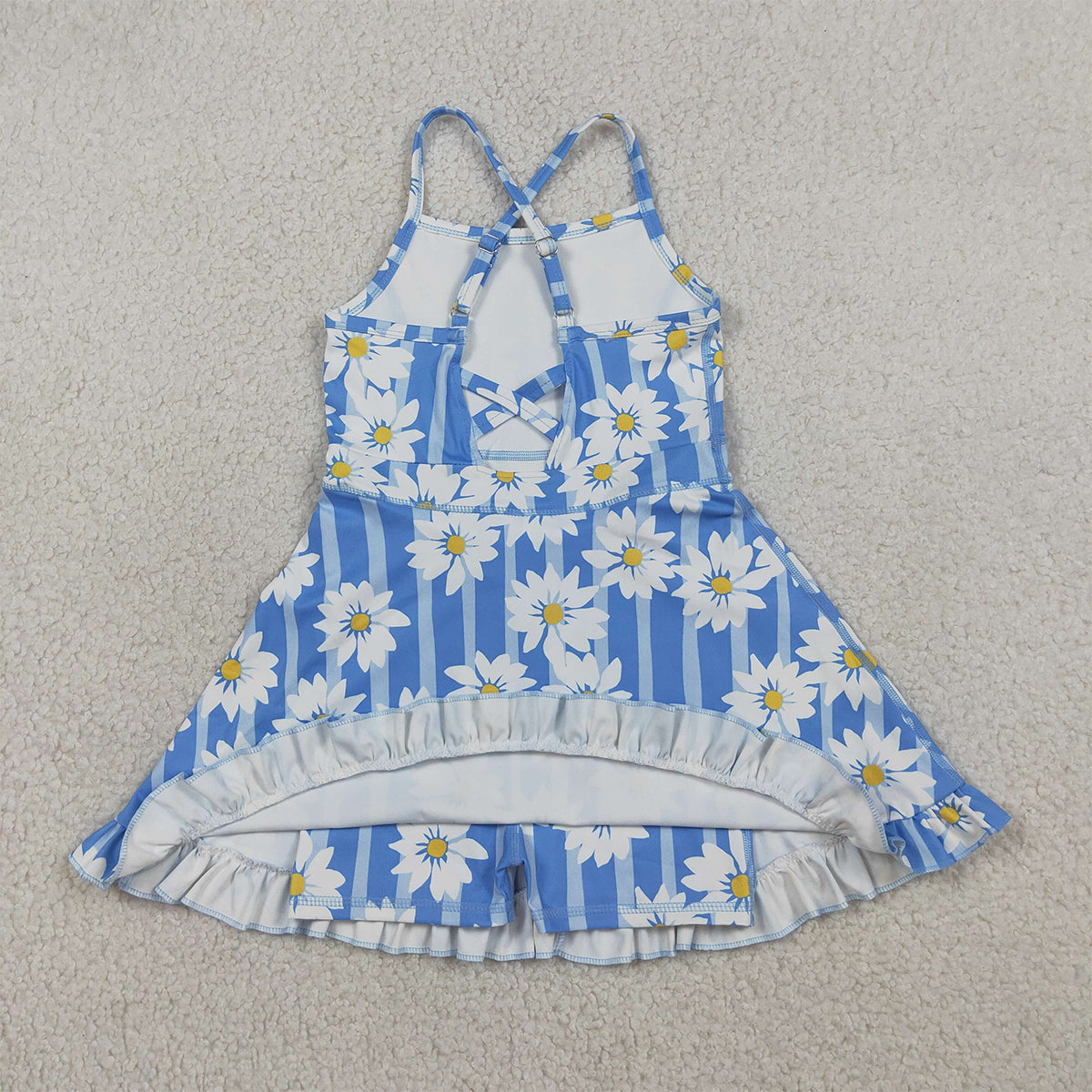 RTS NO MOQ GSD2283 Baby Girls Blue Strap Floral Print Yoga Dress with Ruffle Knee-Length Casual Outfit for Toddlers