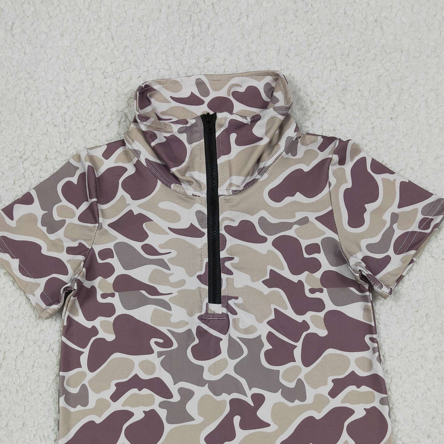 RTS NO MOQ milk silk BT1727 Grey Camo Print Baby Boys Short Sleeve Zipper Pullover Tops