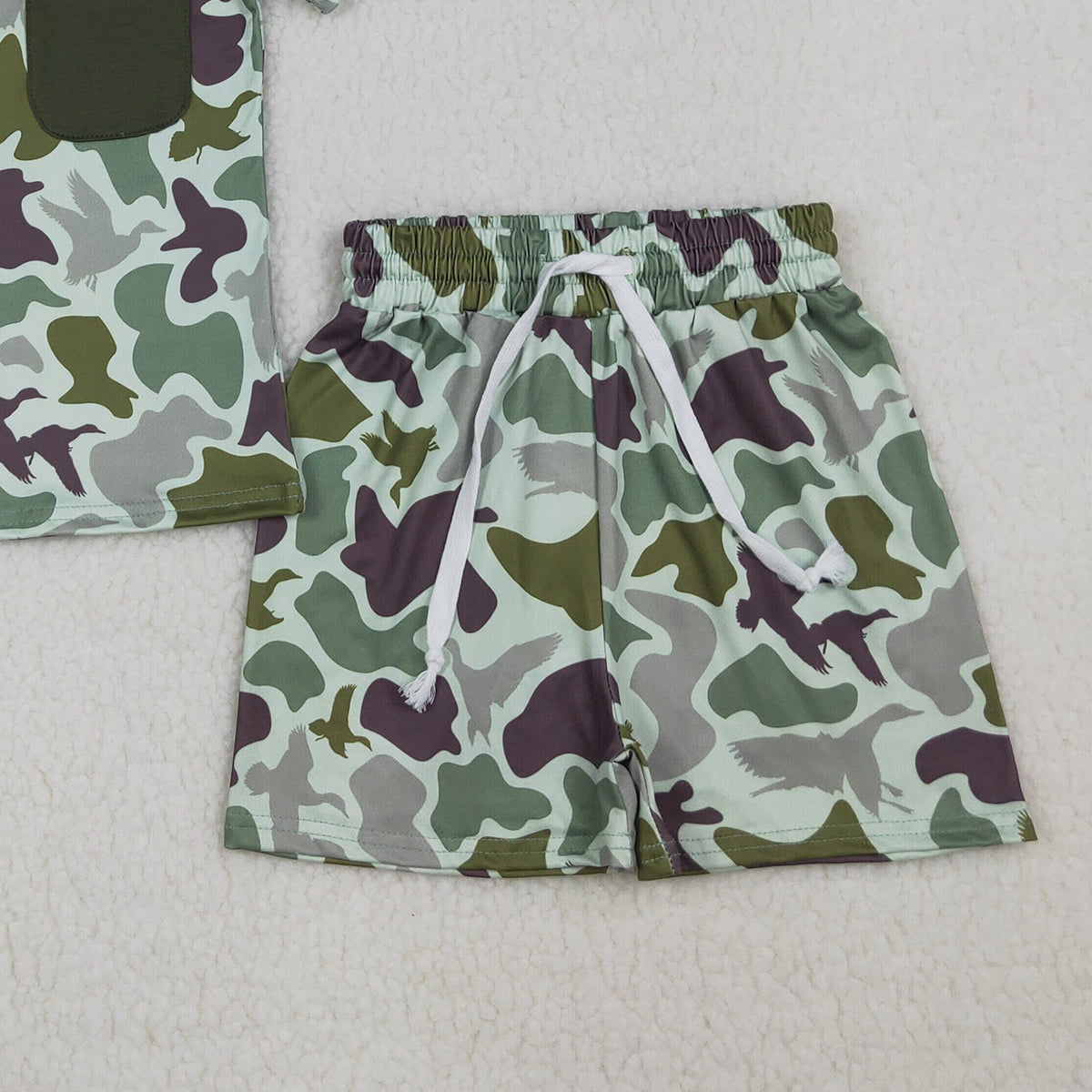 RTS NO MOQ BSSO1793 Baby Boys Southern Green Ducks Camouflage Top And Shorts Set with Pocket for Hunting Clothes Sets