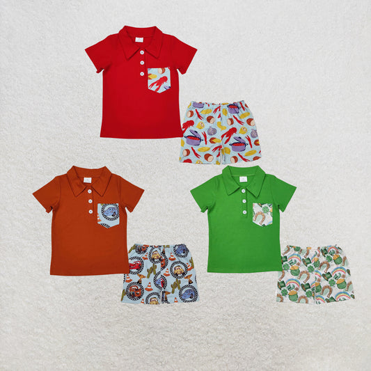 RTS NO MOQ Sibling Baby Boys Pocket Shirts Western Racing Car Cactus Shorts Clothes Sets