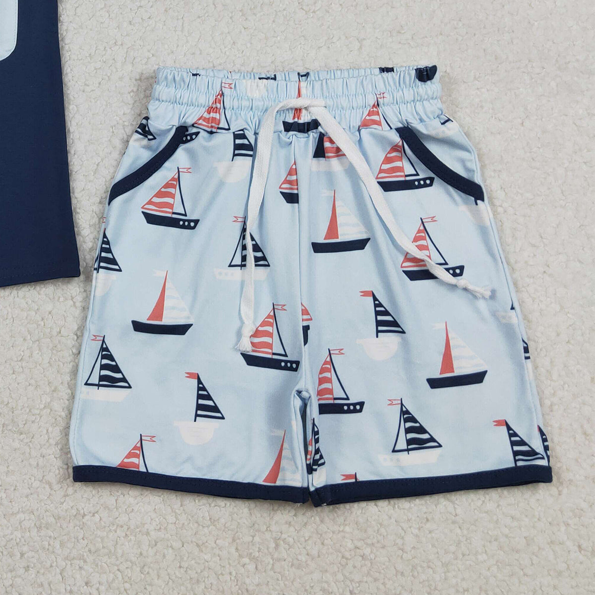 RTS NO MOQ BSSO1855 Baby Boys Navy Short Sleeve Shirt with Boats Pockets And Shorts Set Cute Outfit for Little Ones