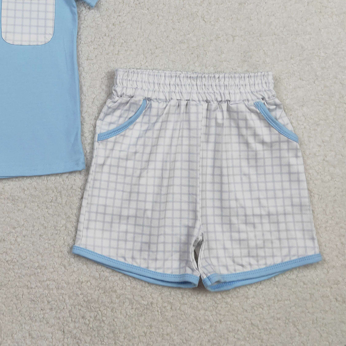 RTS NO MOQ BSSO1762 Baby Boys Blue Checked Shirt And Shorts Set Short Sleeve Top with Pockets Clothing Outfit for Infants