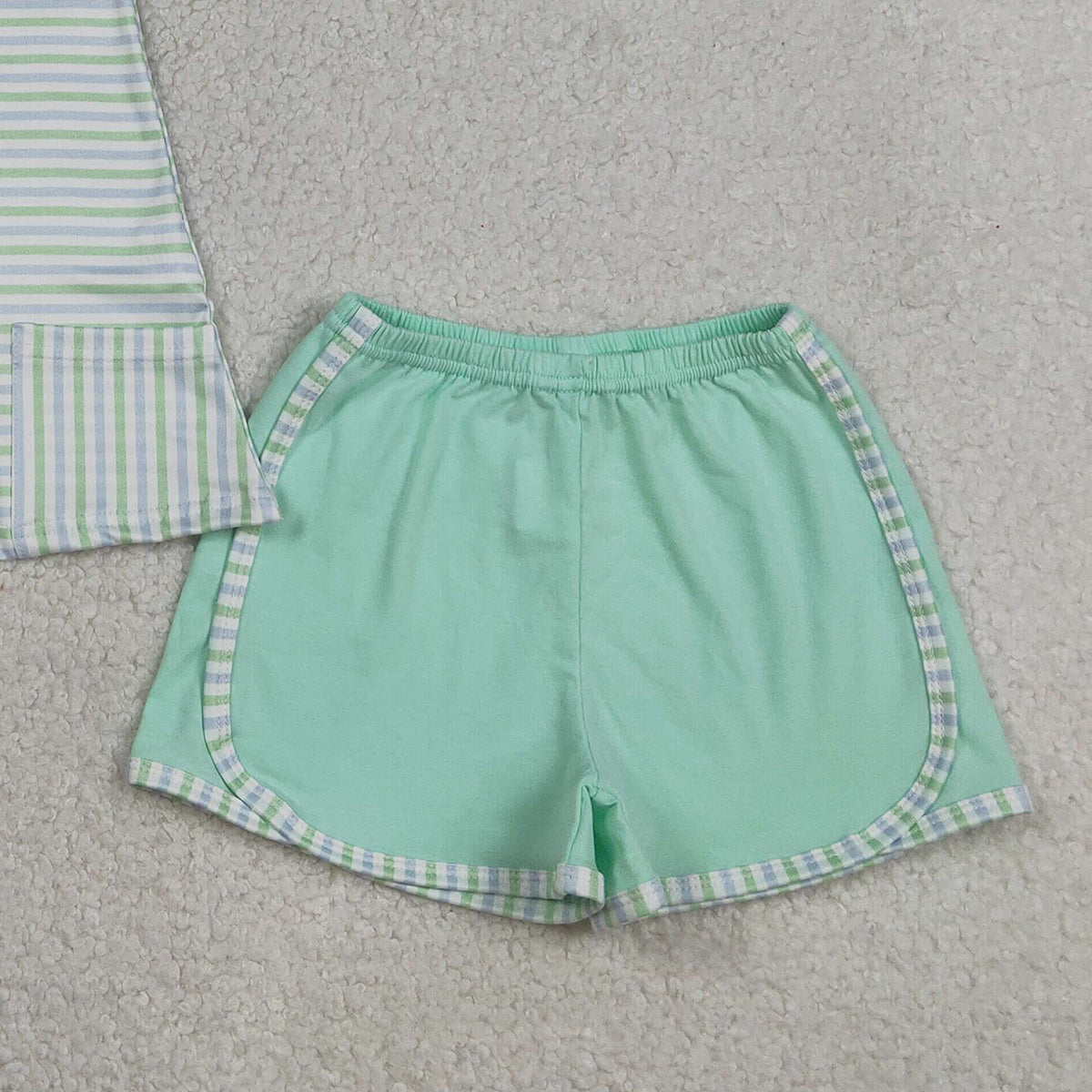 RTS NO MOQ GSSO3110 Baby Girls Green Stripe Tunic Shorts Set with Pockets Strap Clothes Outfit for Little Girls