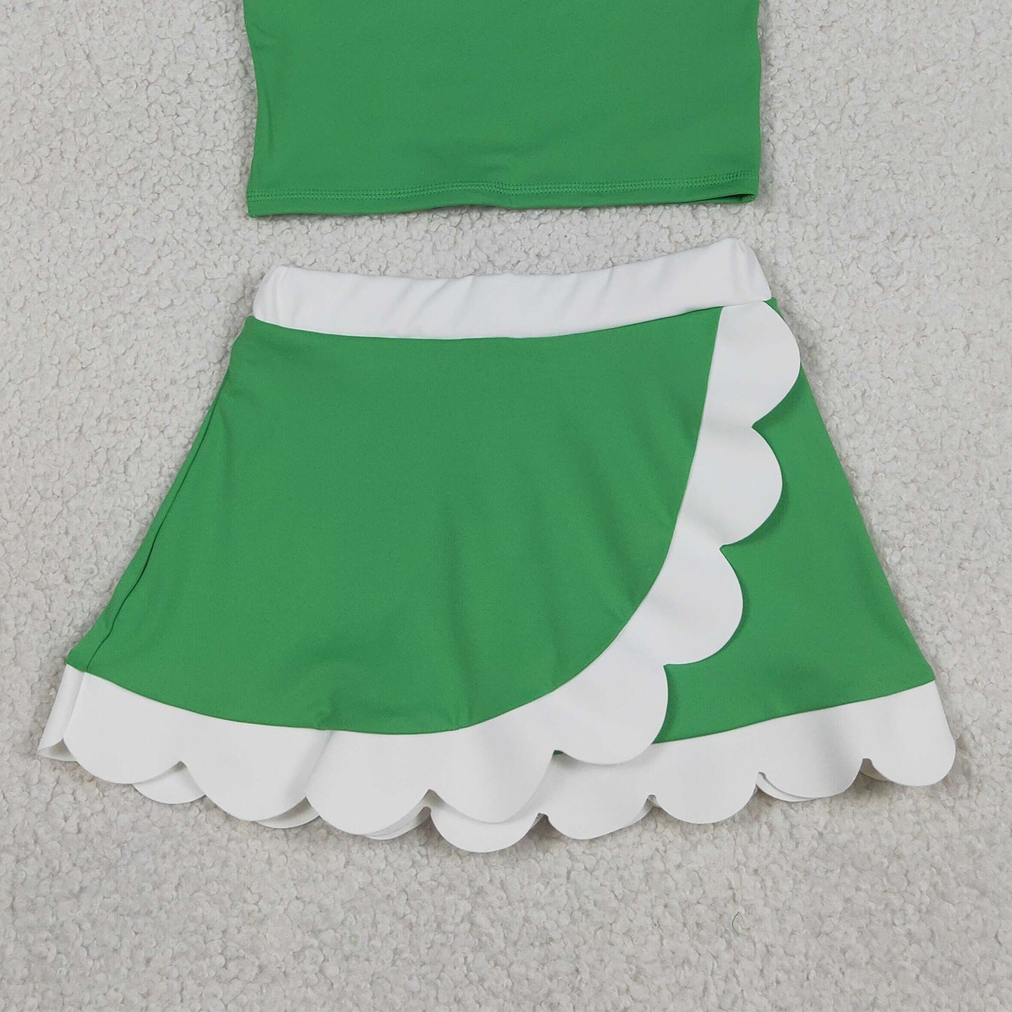 RTS NO MOQ yoga fabric cotton GSD4025 Girls Green Scallop Edge Sleeveless Vest Yoga Casual Outfit Set